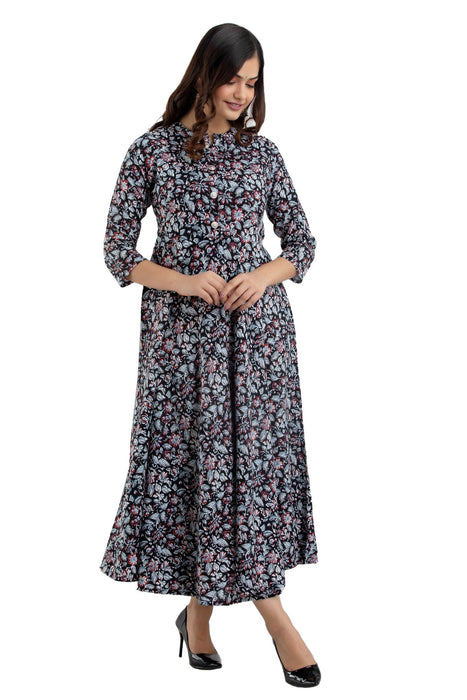 Women's Rayon Printed Ankle Length Flared Traditional Kurta WT0106BLACK